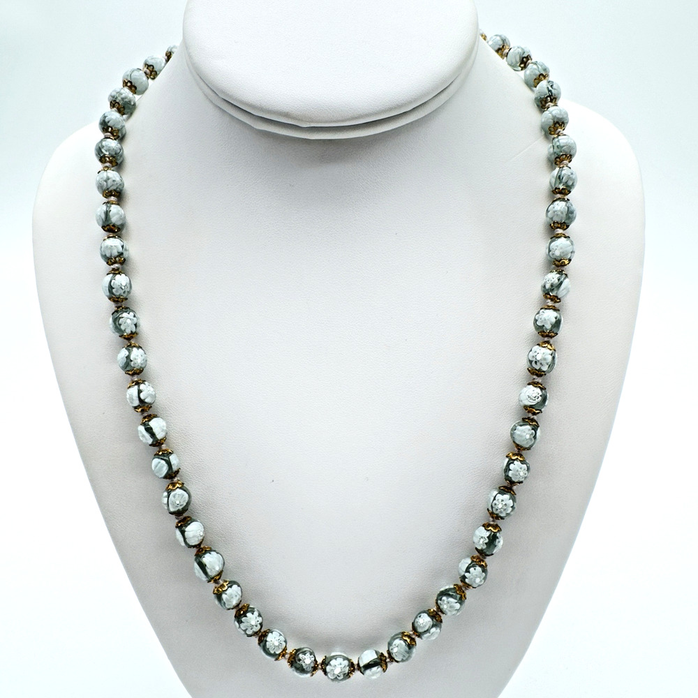 Vintage Venetian Glass Necklace Millefiori Beaded Gray White Hand Knotted NEW - Picture 3 of 8